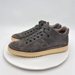 Hogan Men Size 7.5 Grey Suede Emboss Logo White Sole Mid Top Lace Up Shoes